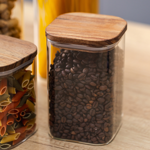 Set of 5 Food Storage Containers, Glass, Leakproof Lids Made of Bamboo/Acacia Wood