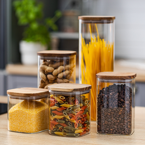 Set of 5 Food Storage Containers, Glass, Leakproof Lids Made of Bamboo/Acacia Wood
