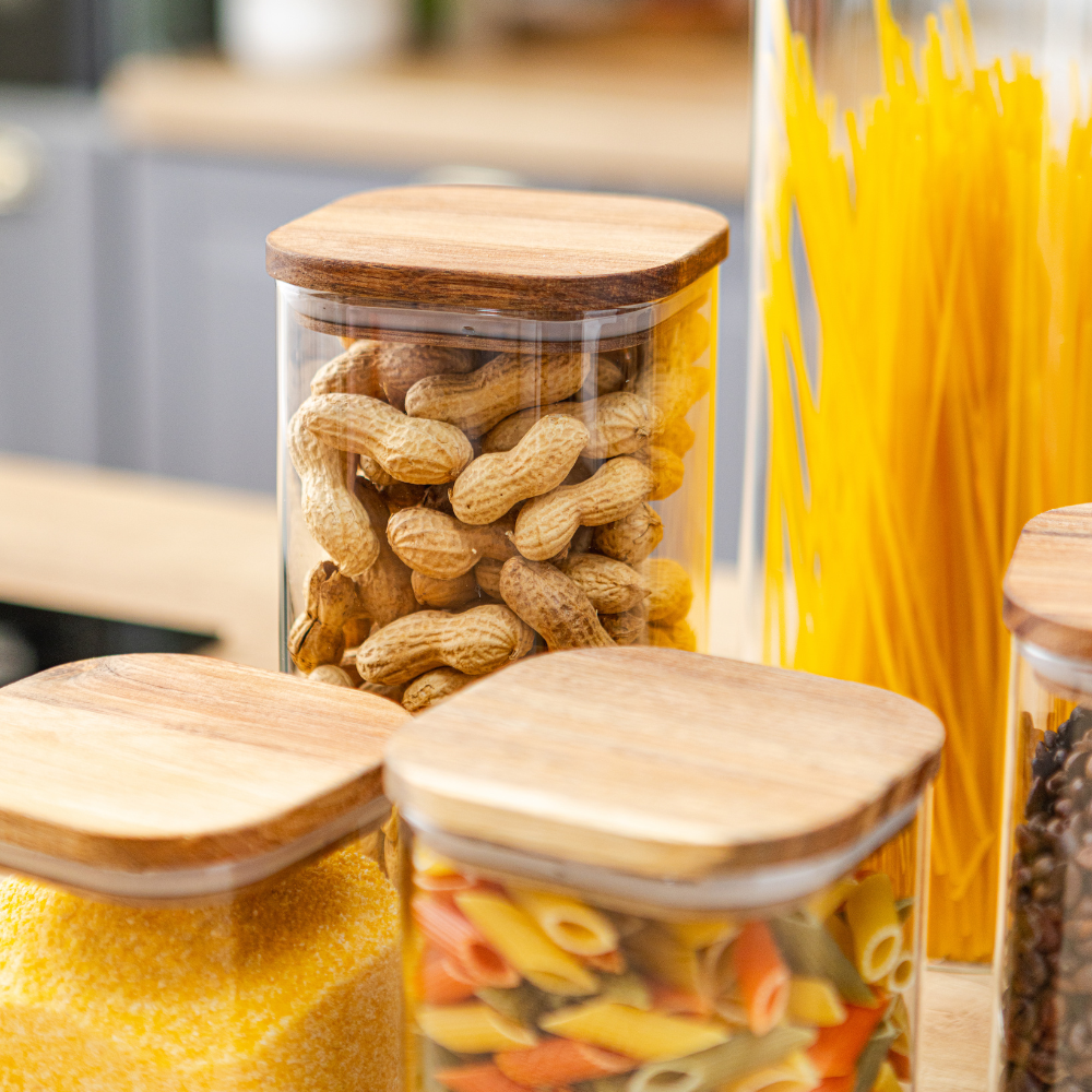 Set of 5 Food Storage Containers, Glass, Leakproof Lids Made of Bamboo/Acacia Wood