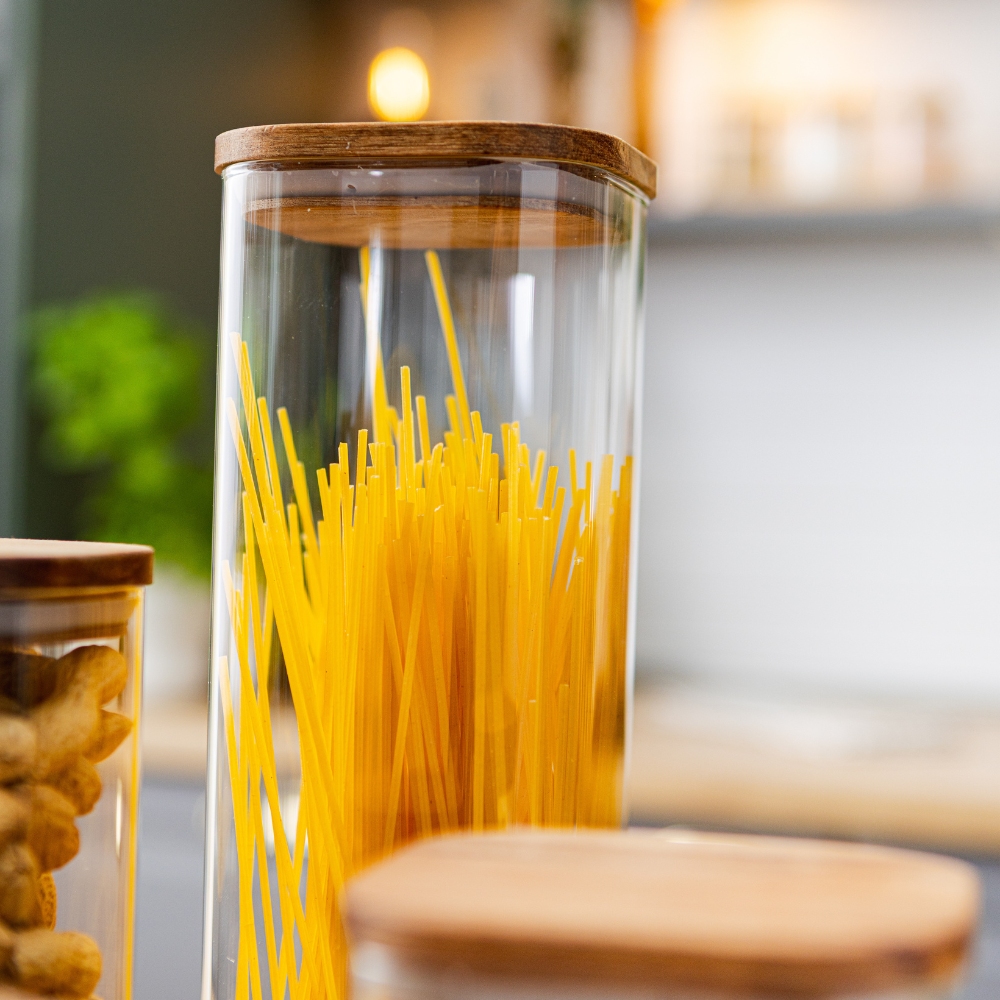 Set of 5 Food Storage Containers, Glass, Leakproof Lids Made of Bamboo/Acacia Wood