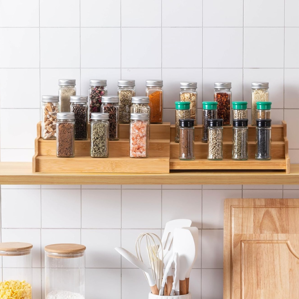 Extendable Spice Rack, 3 Tiers, 22.5-39cm, Bamboo
