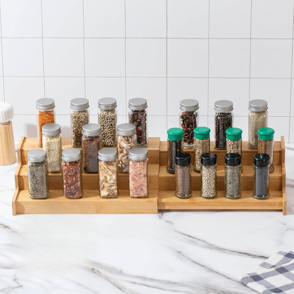 Extendable Spice Rack, 3 Tiers, 22.5-39cm, Bamboo