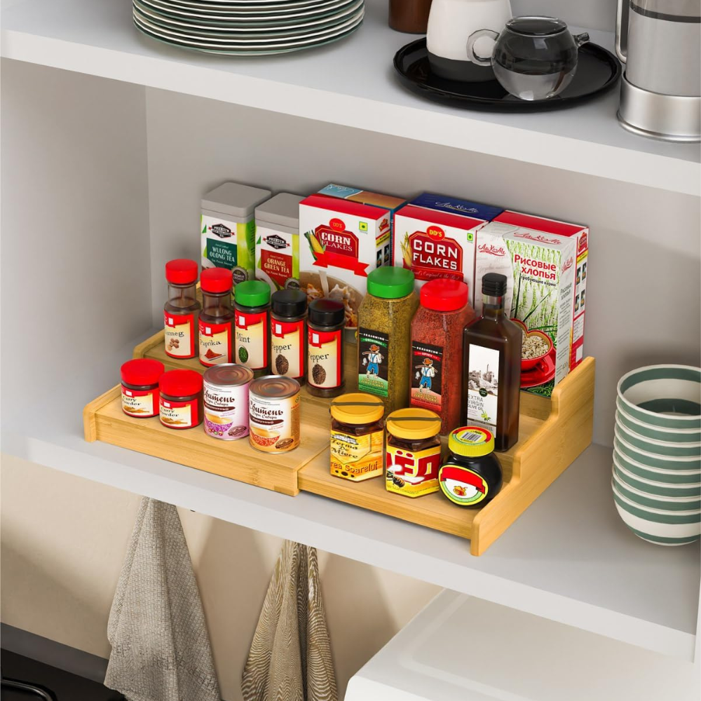 Extendable Spice Rack, 3 Tiers, 22.5-39cm, Bamboo