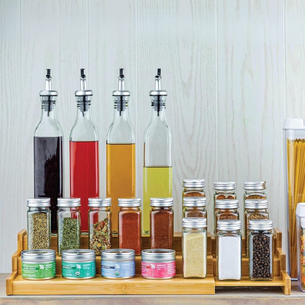 Extendable Spice Rack, 3 Tiers, 22.5-39cm, Bamboo
