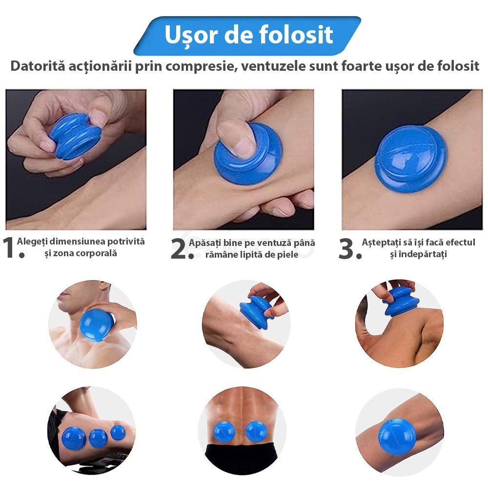 Set of 4 Massage Cupping Cups, Therapeutic, Anti-Cellulite, Relaxation, Soft Silicone, Transparent/Blue