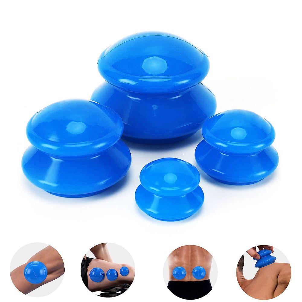 Set of 4 Massage Cupping Cups, Therapeutic, Anti-Cellulite, Relaxation, Soft Silicone, Transparent/Blue