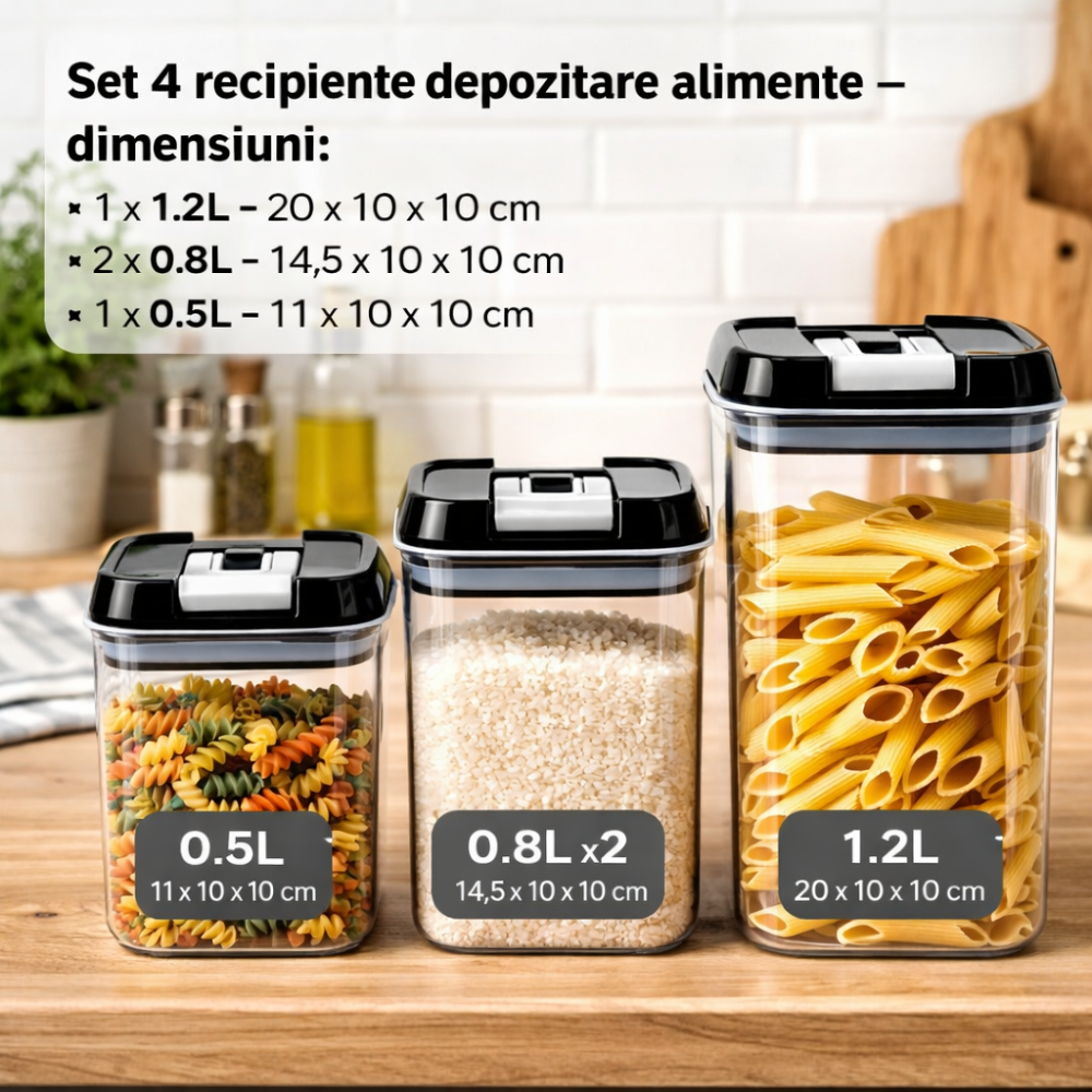 Set 4 Recipiente Organizare Alimente, Inchidere Etansa, din Plastic Dur