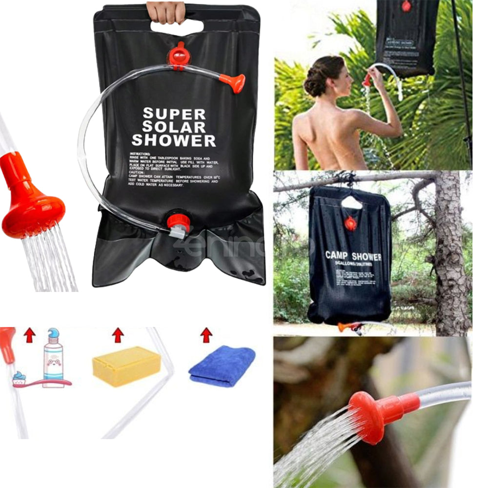 Portable Shower 20L with Solar Heating, for Camping, Hose with Faucet, Watertight Closure, Hanging Handle, Black
