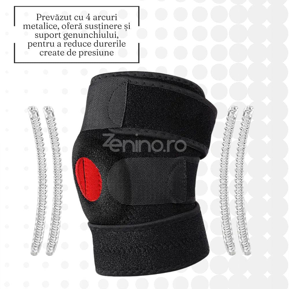 Orteza Genunchi cu 3 Prinderi, Benzi Ajustabile, Mărime Universală, Prindere Velcro, Burete EVA, Negru/Roșu