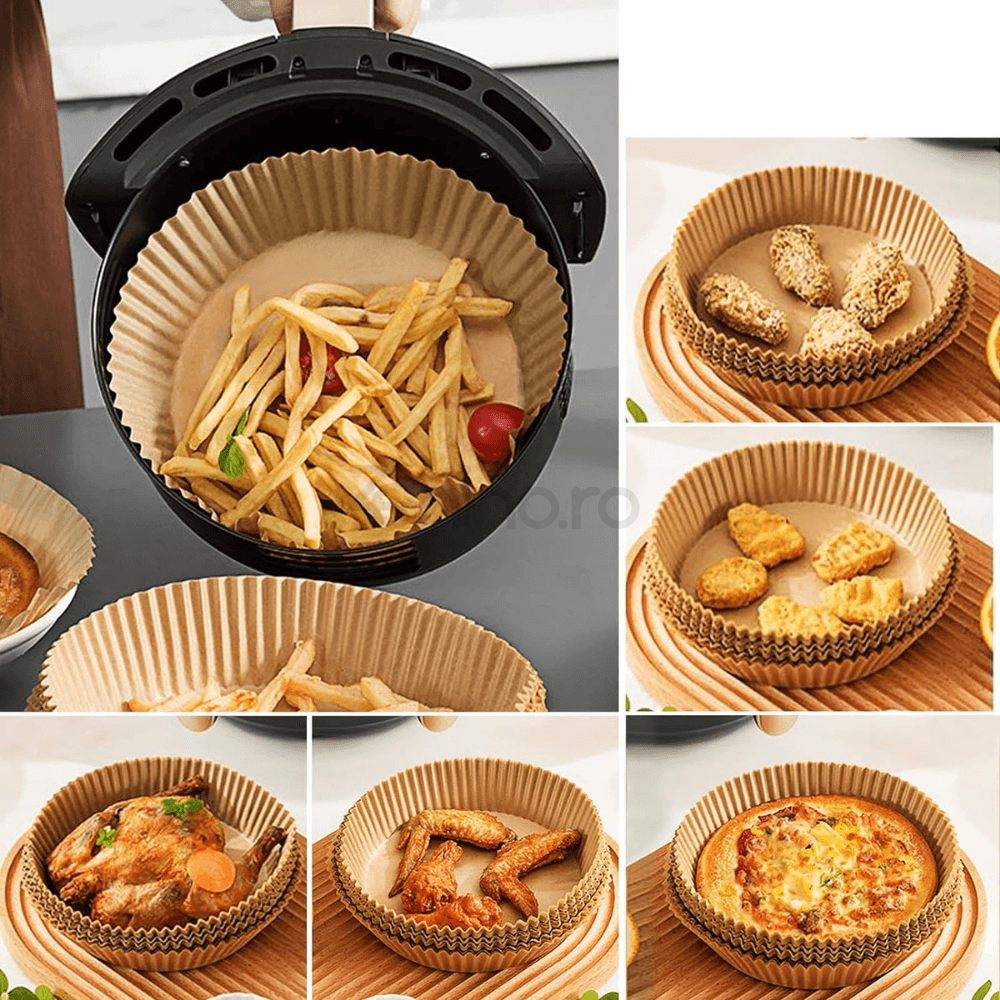 Set of 100 Baking Papers, for Airfryer, Non-Stick, Heat Resistant, Single Use, Round Pattern, 5x16cm, Brown