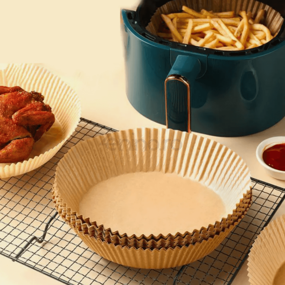 Set of 100 Baking Papers, for Airfryer, Non-Stick, Heat Resistant, Single Use, Round Pattern, 5x16cm, Brown