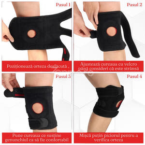 Orteza Genunchi cu 3 Prinderi, Benzi Ajustabile, Mărime Universală, Prindere Velcro, Burete EVA, Negru/Roșu