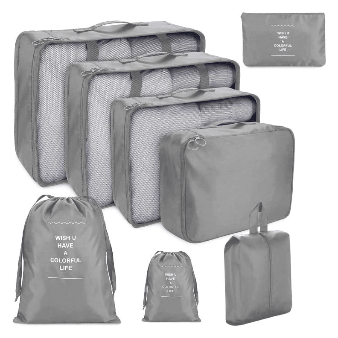 Set of 8 Luggage Organizers, Shoe Bag, Makeup Bag, Waterproof Material, Zipper Closure, for Travel, Gray, Cream