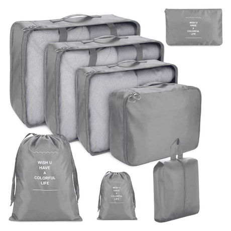 Set of 8 Luggage Organizers, Shoe Bag, Makeup Bag, Waterproof Material, Zipper Closure, for Travel, Gray, Cream