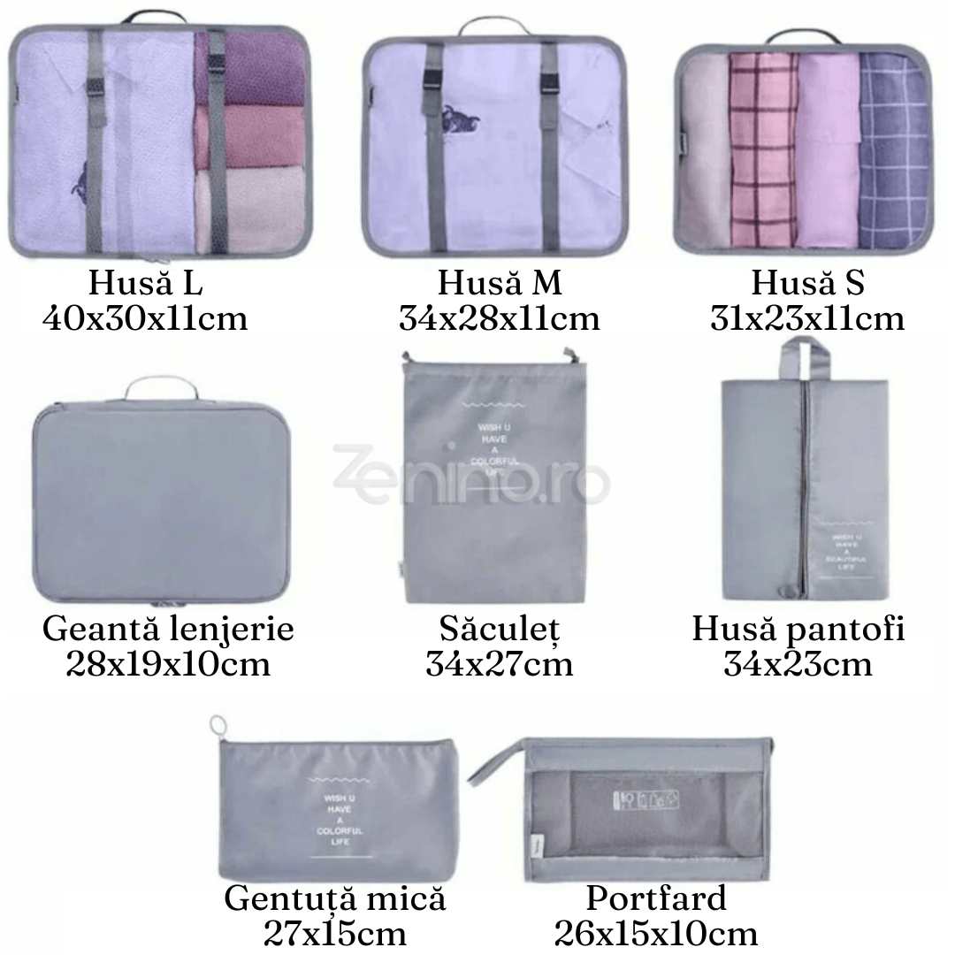 Set 8 Organizatoare Bagaj, Saculet Pantofi, Portfard, Material Impermeabil, Inchidere Cu Fermoar, pentru Calatorii, Gri, Crem