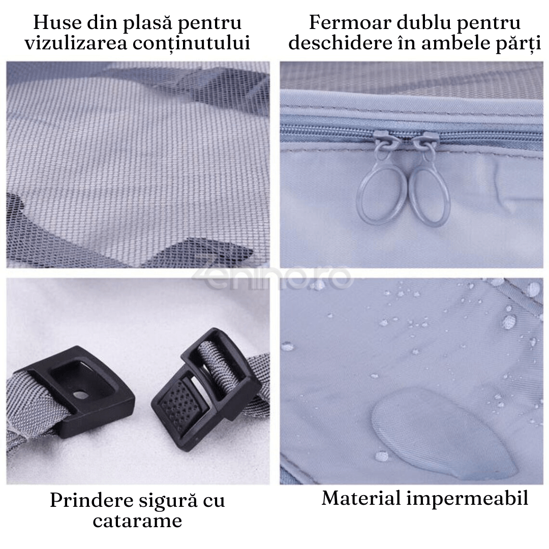 Set 8 Organizatoare Bagaj, Saculet Pantofi, Portfard, Material Impermeabil, Inchidere Cu Fermoar, pentru Calatorii, Gri, Crem