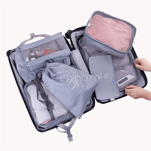 Set 8 Organizatoare Bagaj, Saculet Pantofi, Portfard, Material Impermeabil, Inchidere Cu Fermoar, pentru Calatorii, Gri, Crem