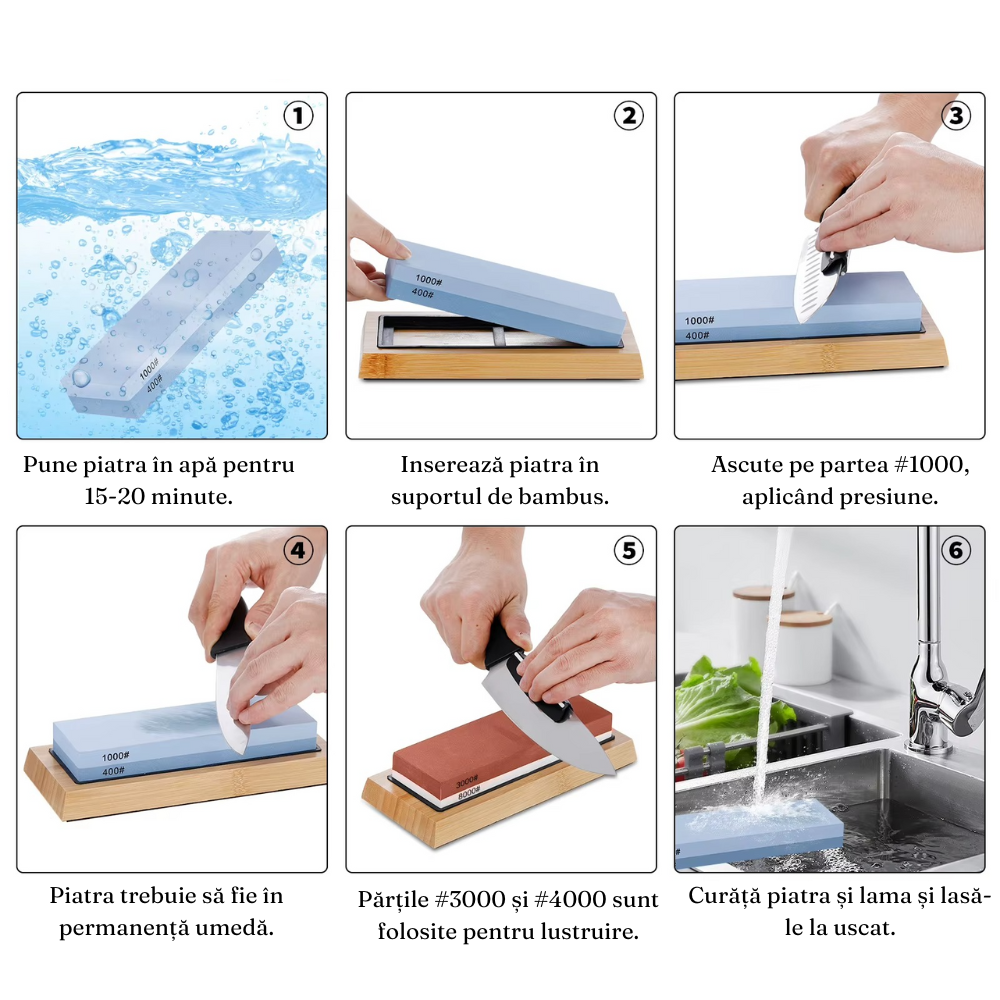 Set Pietre Ascutit Cutite, Unelte, 4 Granulatii, Piele Lustruire, Suport Bambus