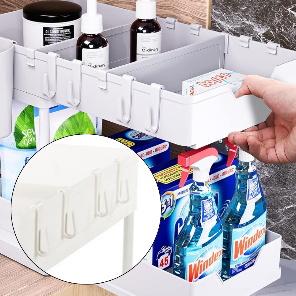 2-Tier Retractable Organizer Shelf, Fits Under Sink, Kitchen, Bathroom, Hooks Included, Plastic 