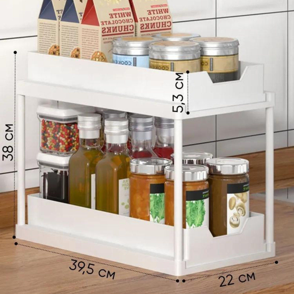 2-Tier Retractable Organizer Shelf, Fits Under Sink, Kitchen, Bathroom, Hooks Included, Plastic 