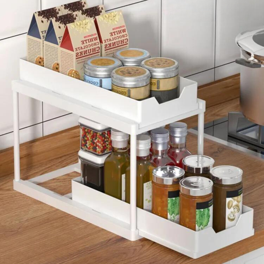 2-Tier Retractable Organizer Shelf, Fits Under Sink, Kitchen, Bathroom, Hooks Included, Plastic 