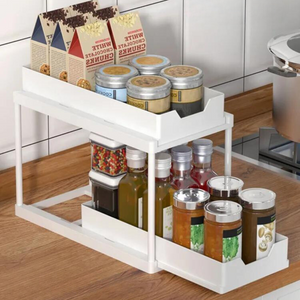 2-Tier Retractable Organizer Shelf, Fits Under Sink, Kitchen, Bathroom, Hooks Included, Plastic 