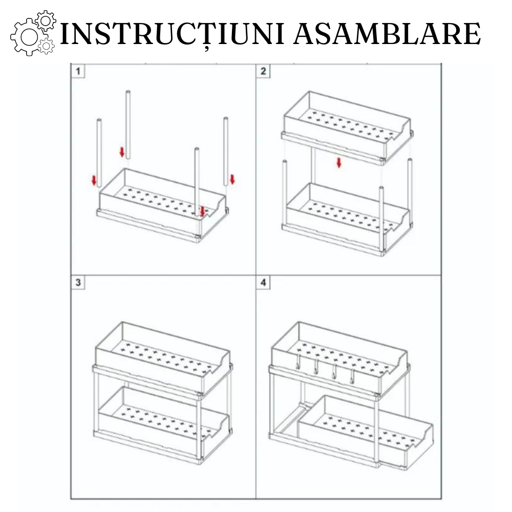 2-Tier Retractable Organizer Shelf, Fits Under Sink, Kitchen, Bathroom, Hooks Included, Plastic 