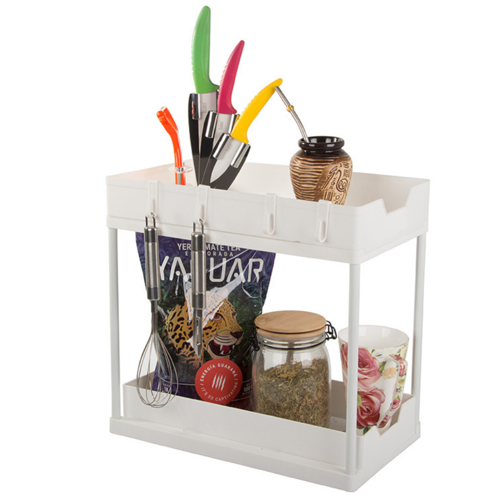 2-Tier Retractable Organizer Shelf, Fits Under Sink, Kitchen, Bathroom, Hooks Included, Plastic 