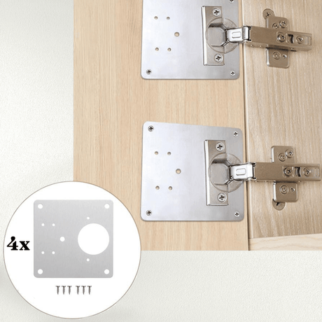 Set of 4 Flat Perforated Plates, for Hinges, Universal Model, High Strength, 20 Screws, Stainless Steel 