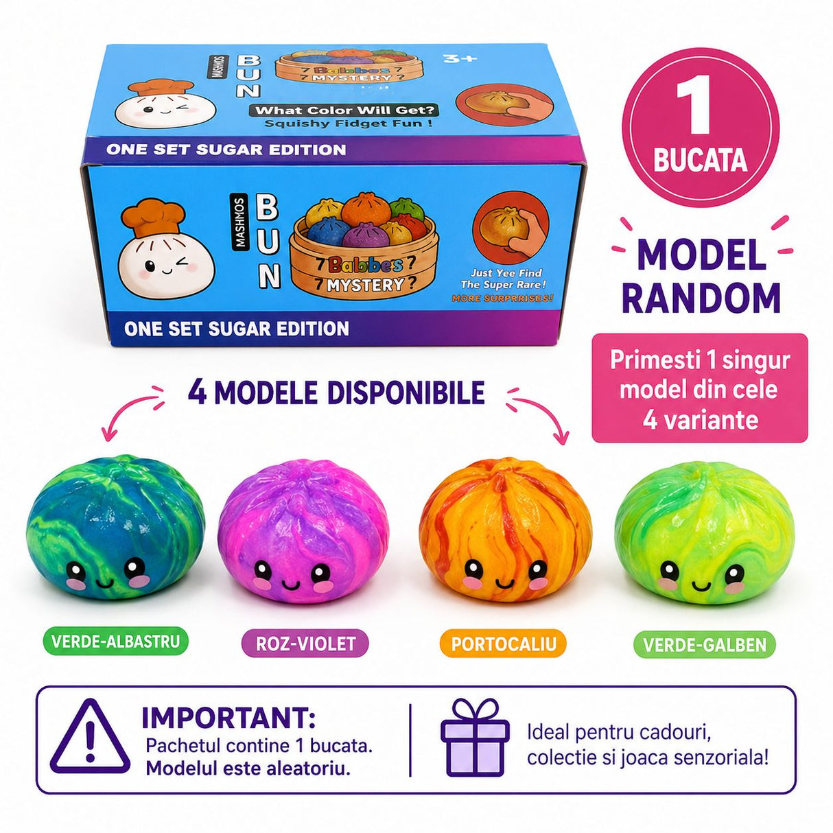 Jucarie Squishy Dumpling Needoh, Model Fosforescent, Antistres Senzoriala, 8.5cm, Culoare Mix Surpriza