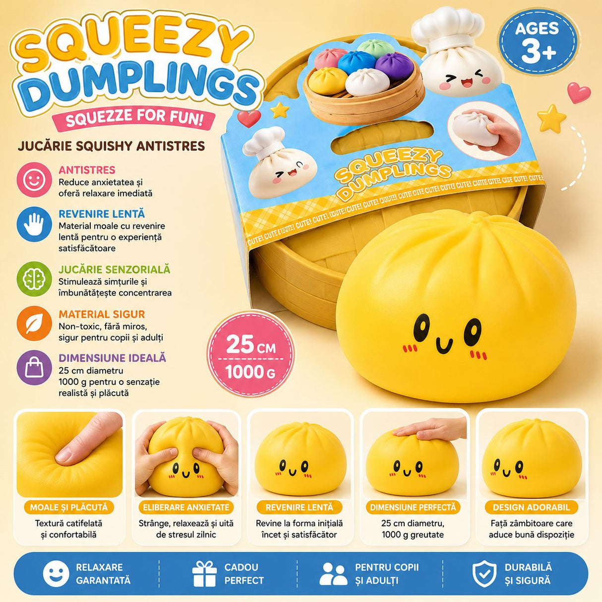 Jucarie Squishy Dumpling Needoh, Model Gigant, Antistres Senzoriala, 25cm