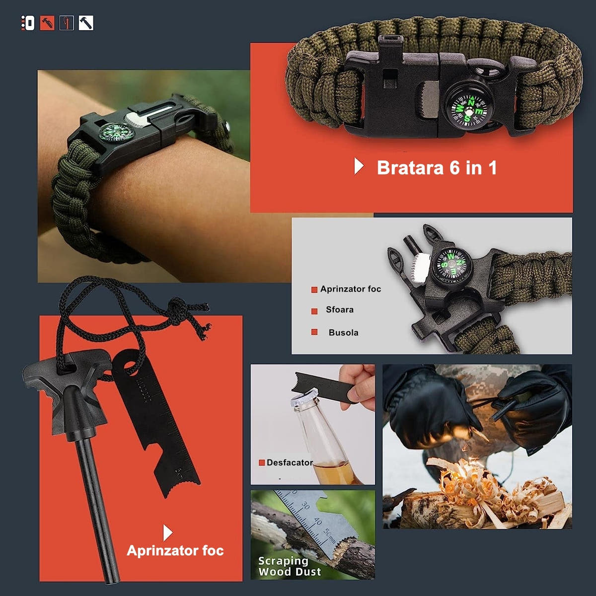 Kit Supravietuire 13 in 1, Instrumente Multifunctionale, Lanterna, Model Compact