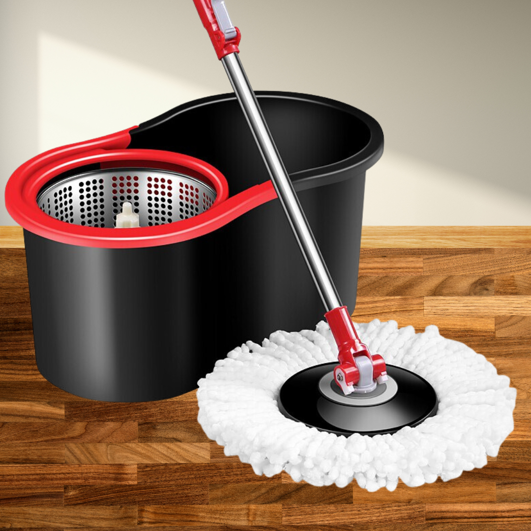 Rotary Mop Set, 8L Bucket, Interchangeable Microfiber Head, Wringing System, Drain Plug, Black/Red