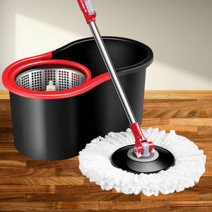 Rotary Mop Set, 8L Bucket, Interchangeable Microfiber Head, Wringing System, Drain Plug, Black/Red