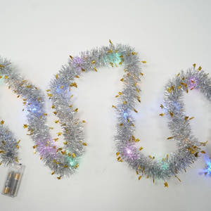Christmas Tinsel, with LED Lights, Various Models 2m x 5cm, Silver
