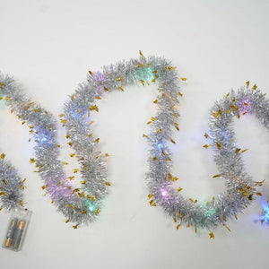 Christmas Tinsel, with LED Lights, Various Models 2m x 5cm, Silver