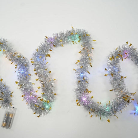 Christmas Tinsel, with LED Lights, Various Models 2m x 5cm, Silver