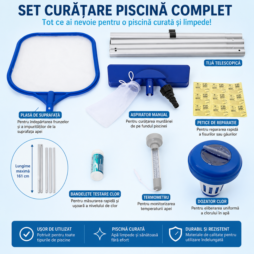Kit Intretinere Piscina Bestway, Plasa, Dozator Clor Tablete, Tija 161cm, Petice Reparare