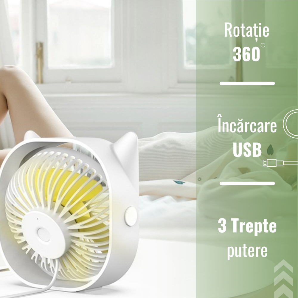 Mini Desk Fan, 3 Speeds, 360 Rotation, USB Charging