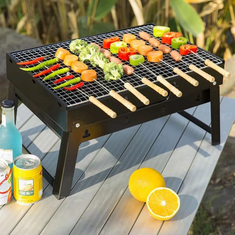Portable Charcoal Grill, Chrome Tray, Foldable Model, Metal, Black 
