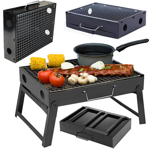 Portable Charcoal Grill, Chrome Tray, Foldable Model, Metal, Black 