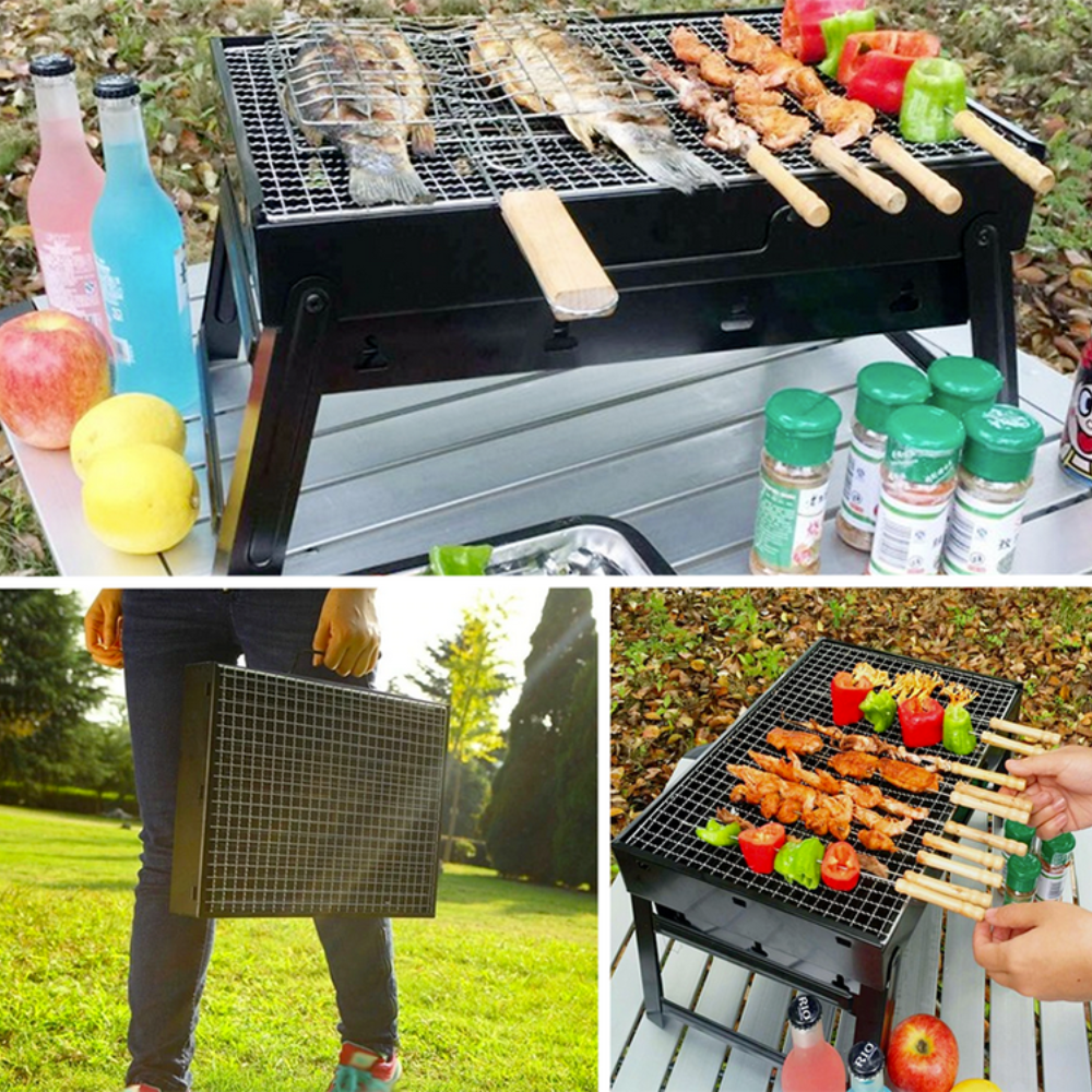 Portable Charcoal Grill, Chrome Tray, Foldable Model, Metal, Black 