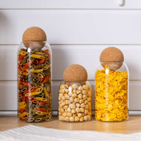 Set of 3 Food Storage Containers, Glass, Cork Stopper, 3 Sizes