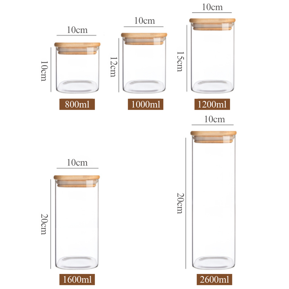Set of 5 Food Storage Containers, Glass, Leakproof Lids Made of Bamboo/Acacia Wood