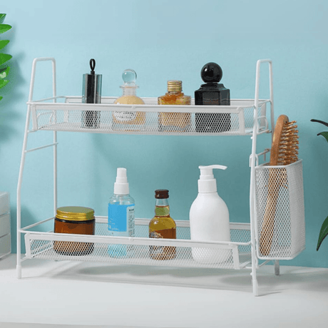 2-Tier Shelf, Cutlery Holder, Easy to Assemble, Metal, 36x32x17cm, Black, White