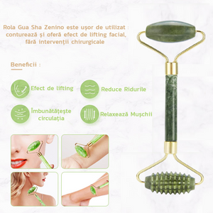 Set of 3 Massage Accessories, Jade Roller, Double Roller, Gua Sha Stone, For Elasticity, Toning, Brightness, Anti-Wrinkle, Face and Body, Green
