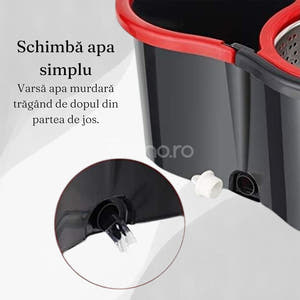 Rotary Mop Set, 8L Bucket, Interchangeable Microfiber Head, Wringing System, Drain Plug, Black/Red