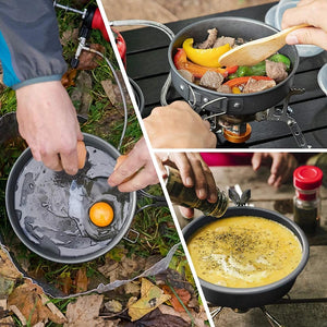 Zenino Camping Cooking Set - 9 Pieces, Non-Stick Surface, Pot, Pan, Accessories Included, Portable, Anodized Aluminum, Gray