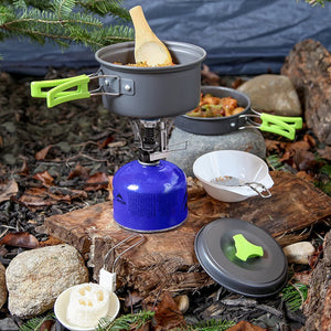 Zenino Camping Cooking Set - 9 Pieces, Non-Stick Surface, Pot, Pan, Accessories Included, Portable, Anodized Aluminum, Gray