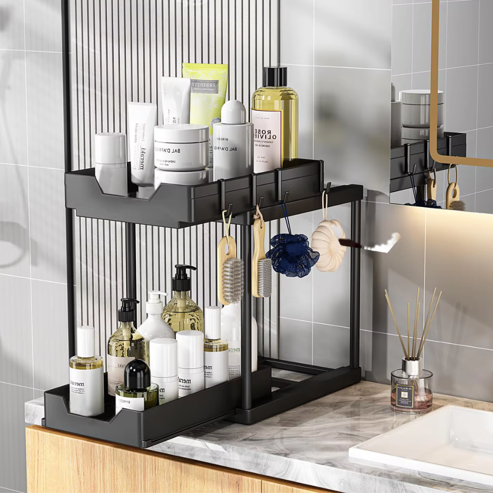 2-Tier Retractable Organizer Shelf, Fits Under Sink, Kitchen, Bathroom, Hooks Included, Plastic 